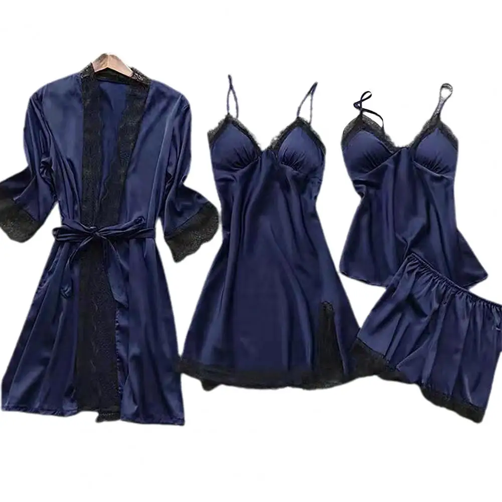 

Lace Splicing Pajama Set Elegant Lace Pajamas Set with Pleated Cardigan Coat Matching Shorts Women's Homewear Clothes in Silky