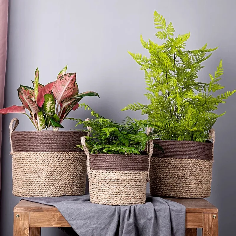 

Net red straw basket green plant large rattan woven hand-woven flower basket light luxury decorative set living room floor flowe