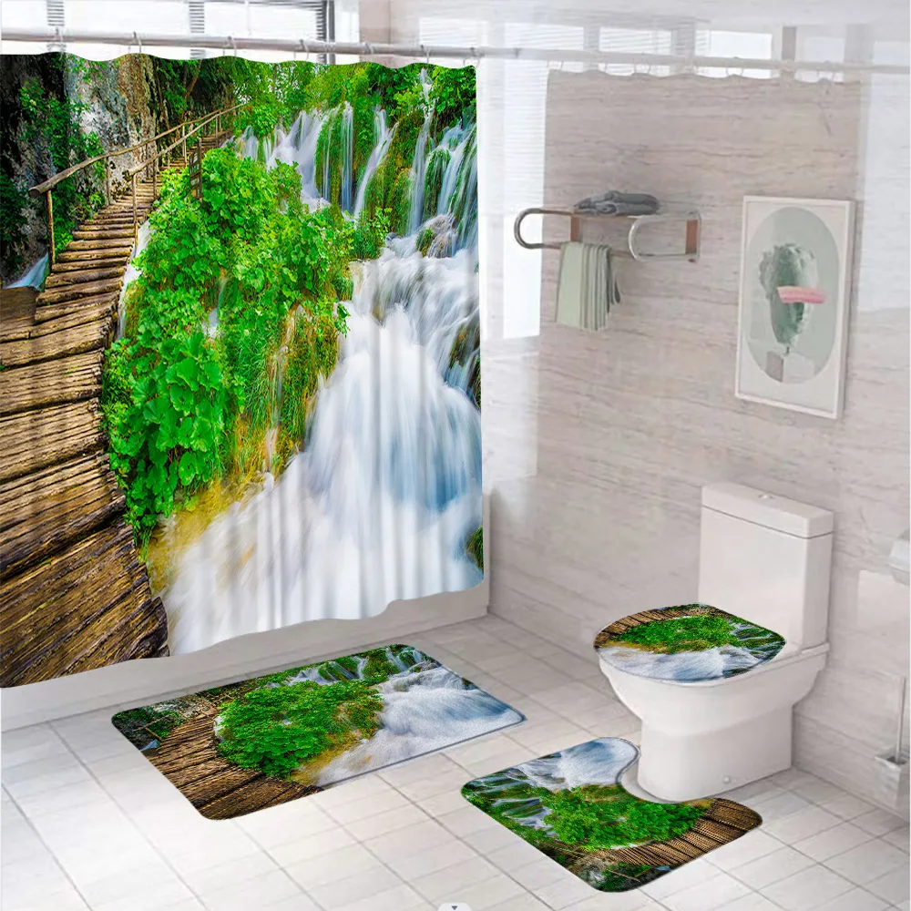 Green Forest Waterfall Landscape 3D Wooden Bridge Summer Waterproof Shower Curtain Set Rug Toilet Cover Bath Mat Bathroom Decor
Green Forest Waterfall Landscape 3D Wooden Bridge Summer Waterproof Shower Curtain Set Rug Toilet Cover Bath Mat Bathroom Decor