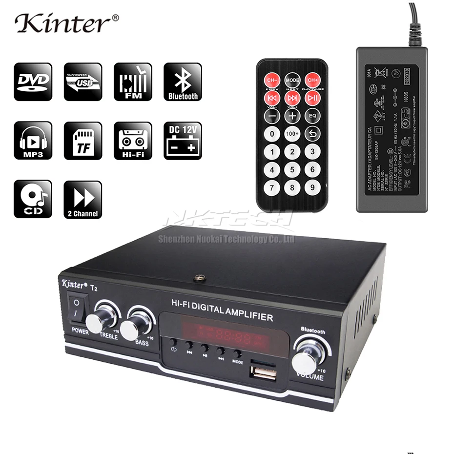 

Car Power Amplifier Kinter T2 Digital Audio Player Bluetooth 2CH 20W Hi-Fi Stereo Treble BASS DC12V 220-240V USB SD MP3 FM Radio