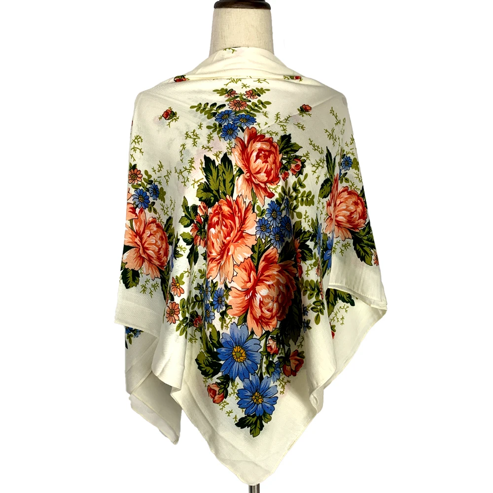 

2023 New Viscose Floral Print Square Shawls and Wraps for Women Boho Travel Scarf Russian Shawl National Headscarf Big Bandana