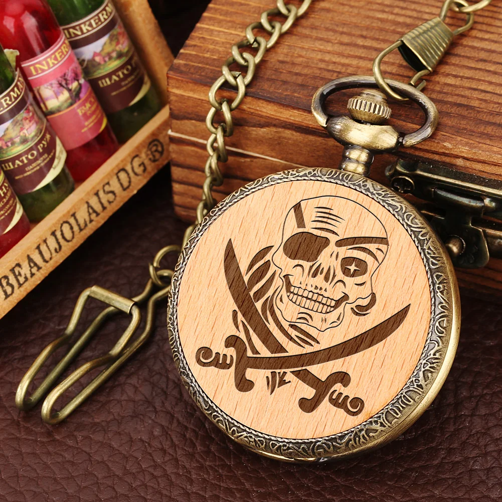 

Retro Pendant Pocket Watch One-eyed Engraved Wood Pattern Bronze Quartz Pocket Watch Necklace White Dial Clocks Gift Thick Chain