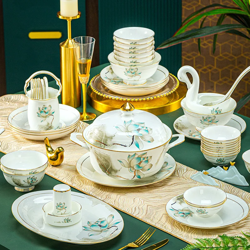 Dish set Household Chinese high-end bone china tableware set Luxury Jindezhen ceramic bowl, plate and dish combination
Dish set Household Chinese high-end bone china tableware set Luxury Jindezhen ceramic bowl, plate and dish combination