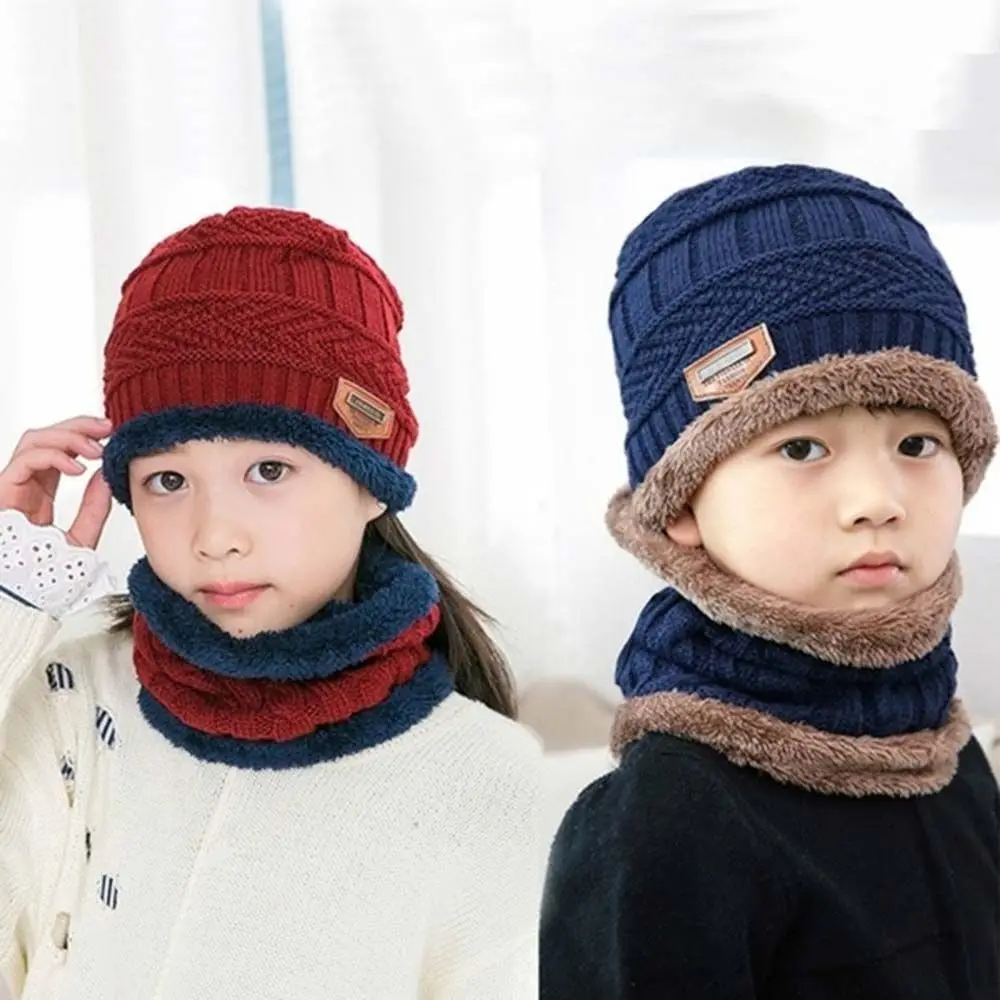 

Thicked Warm Children Cap Fleece Lined Neck Warmer Winter Knit Hats Hedging Hat Scarf Set Boy Beanie Hat Kids Cap Scarf Set
