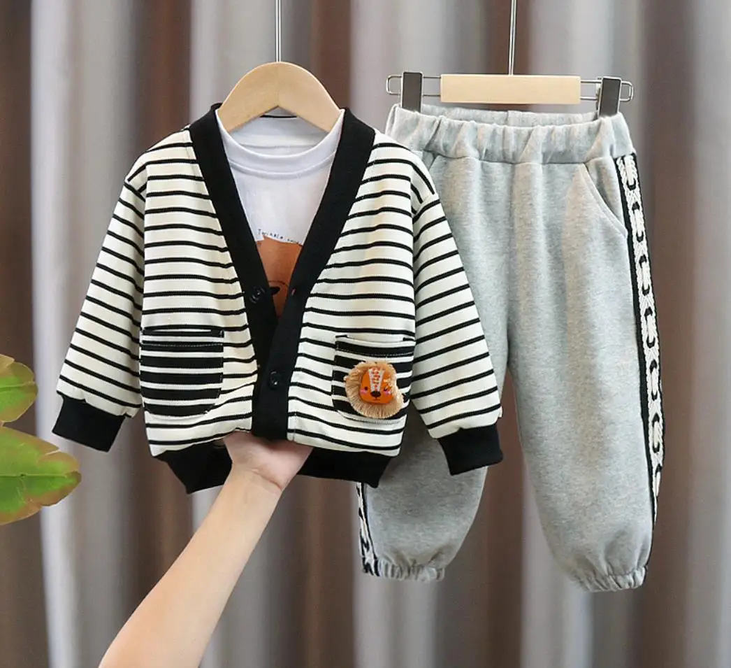 

Toddler Boutique Christmas Sets 12 To 18 Months Kids Striped Lion Cardigan Coat+White Shirts+Pants 3Pcs Tracksuits Baby Clothes