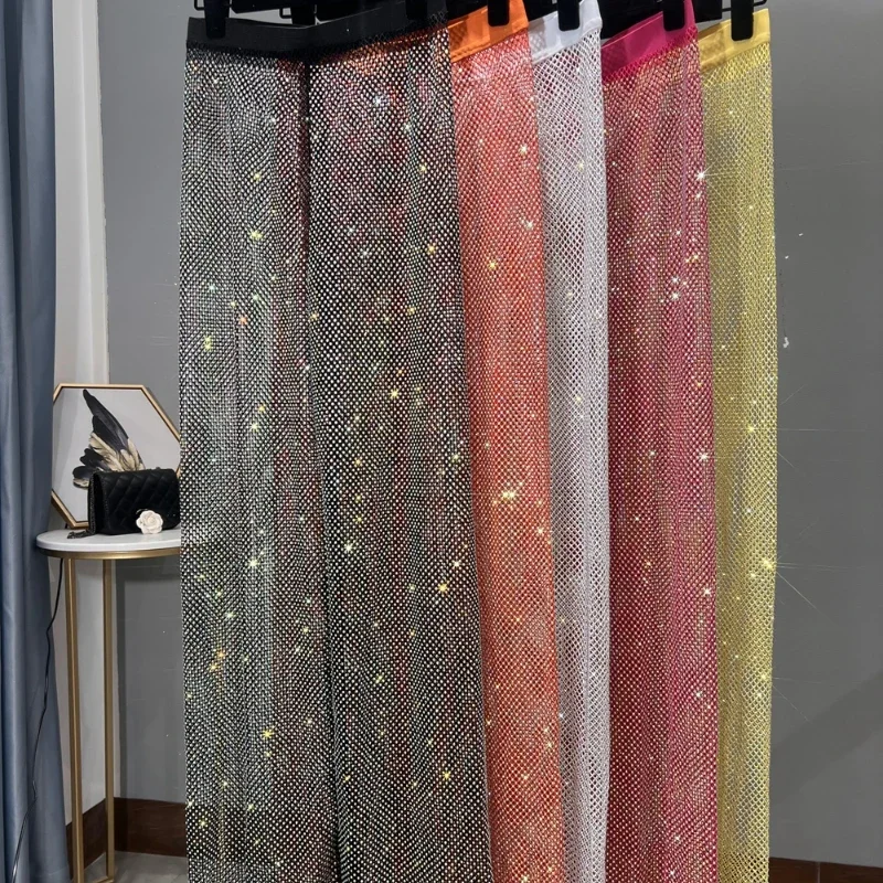 Sexy Colorful Diamonds Beaded Mesh Hollow Wide Legs Pants Fishing Net Rhinestones Trousers Sparkling Elastic Waist Pantalones
Sexy Colorful Diamonds Beaded Mesh Hollow Wide Legs Pants Fishing Net Rhinestones Trousers Sparkling Elastic Waist Pantalones