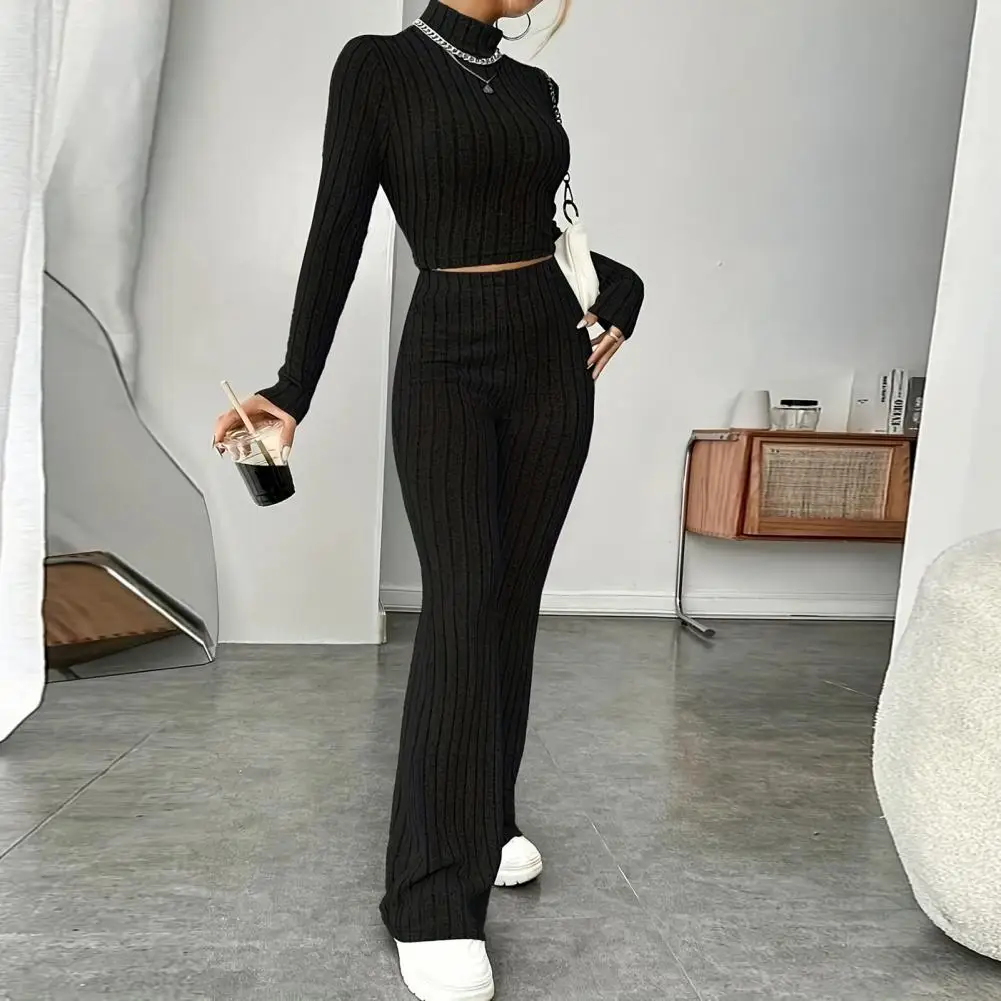 

2Pcs/Set Women Solid Color Knitting Outfit Turtleneck Long Sleeve Cropped Tops High Waist Flared Pants Slim Fit Ribbed Winter
