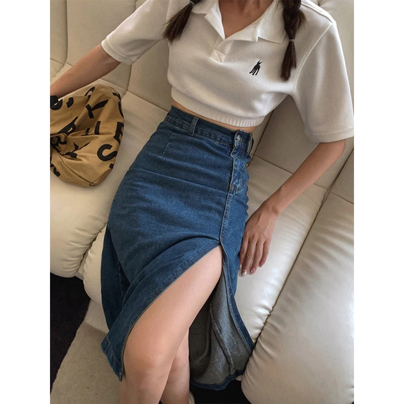 

MEXZT Slit Denim Midi Skirt Women Vintage High Waist Hip Wrap Jeans Skirts Summer Streetwear Korean Slim Split Pencil Skirt New