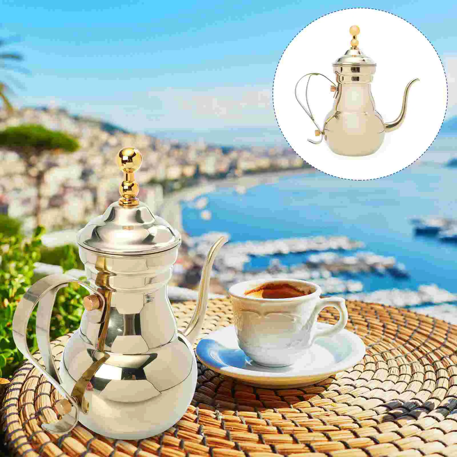 Middle East Arabic Teapot Sliver Gold Stainless Steel Gooseneck Pour Coffee Tea Kettle Filter Strainer Pot Environmental
Middle East Arabic Teapot Sliver Gold Stainless Steel Gooseneck Pour Coffee Tea Kettle Filter Strainer Pot Environmental