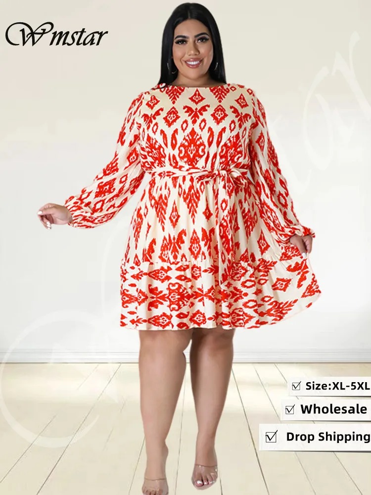 

Wmstar Plus Size Dresses for Women Long Sleeve Printed Big Hem Loose Christmas Africa Midi Dress Fall Wholesale Dropshipping