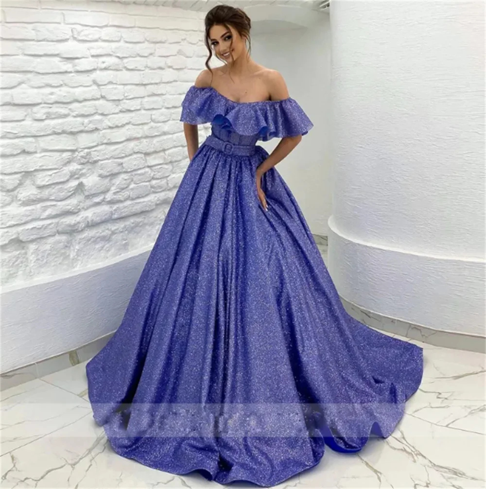 

Sparking Prom Dresses 2024 Off the Shoulder Sequined Evening Celebrity Gowns Puffy Skirt Long Party Dresses A-Line Floor Length