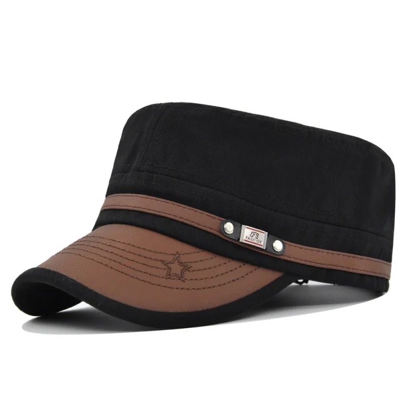 

Flat-Top Peaked Cap Male Leather BA Embroidery Five-Pointed Star Curved Brim Leisure Climbing Sun Hat