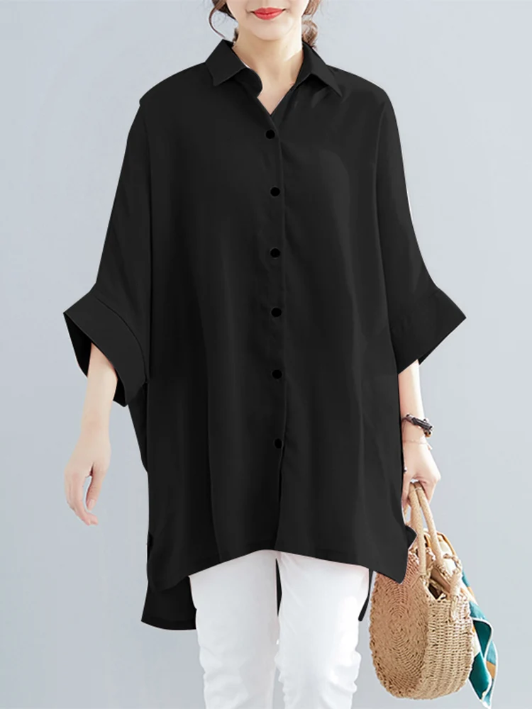 

ZANZEA Summer Bat Sleeve Shirt Women Casual Asymmetrical Blouse Elegant Lapel Neck Solid Long Tops Tunic Loose Buttons Blusas