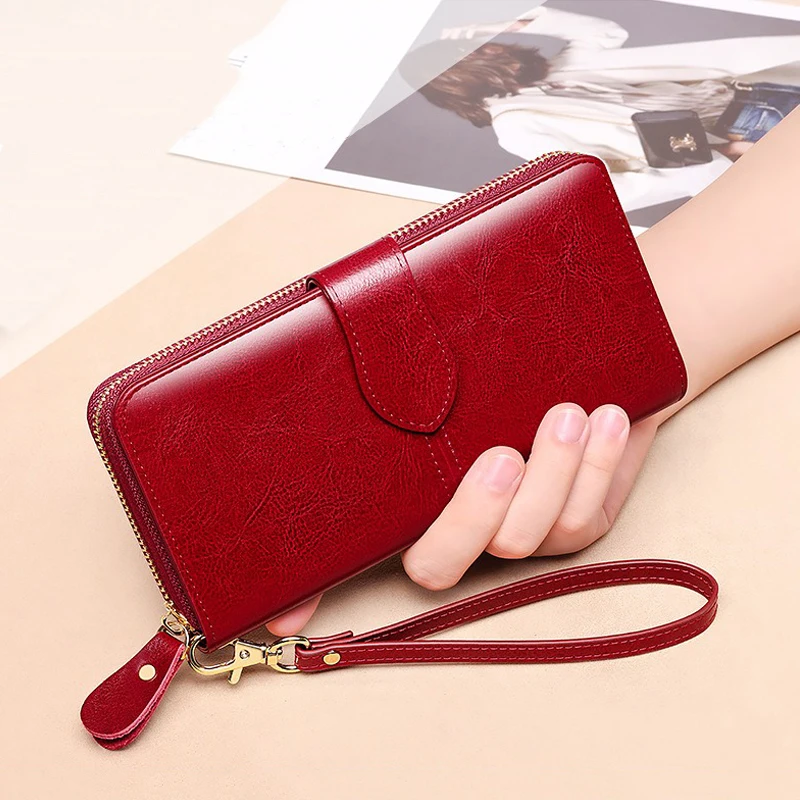 

Long Women's Wallet Genuine Leather Female Purses Wristlet Coin Purse Card Holder Wallets Zipper Clutch Luxury Phone Money Bag