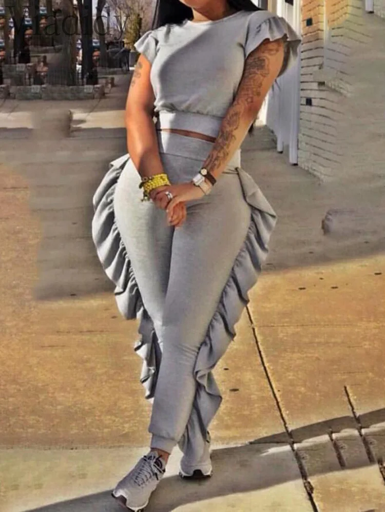 Women Summer Solid Color Ruffle Hem Decor Top and High Waist Pants 2pcs Set
Women Summer Solid Color Ruffle Hem Decor Top and High Waist Pants 2pcs Set