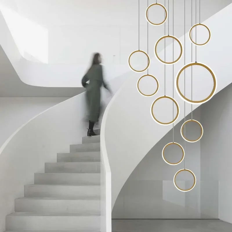 

Modern LED Rings Chandelier For Staircase Living Room Minimalism Aluminum Round Hanging Lamps Simple Indoor Attic Light Fixtures