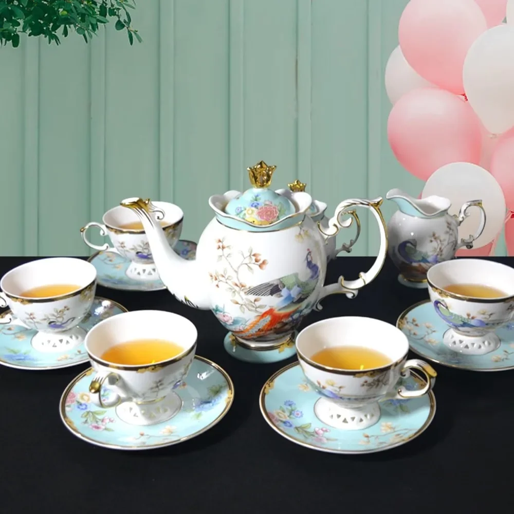 

Чайный сервиз из костяного фарфора, чайные чашки и блюдца, комплект из 21 предмета из костяного фарфора для кофе, 6 винтажных чайных комплектов из английского фарфора и синего фарфора с чайник