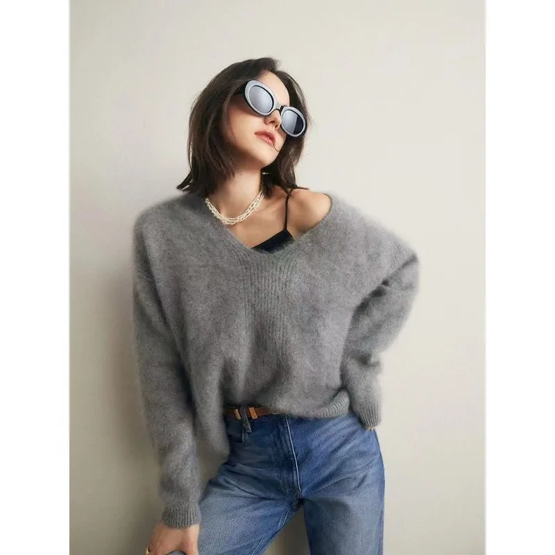 Пуловер женский с V-образным вырезом, мягкий теплый пушистый кашемировый джемпер из меха норки, джемпер на осень-зиму