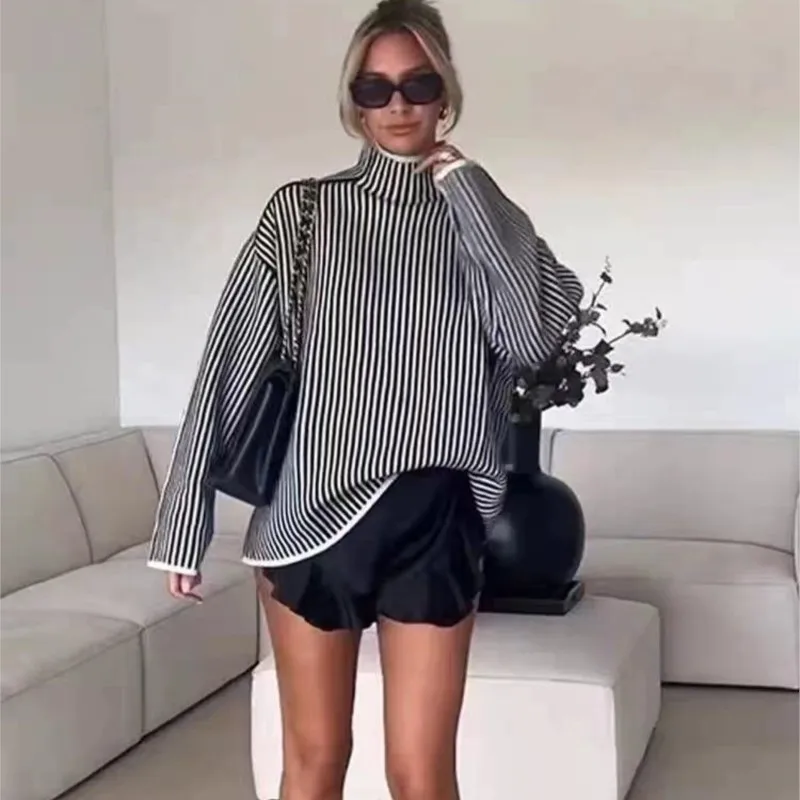 Women Elegant Striped Loose Warm Sweater Fashion High Collar Long Sleeve Thicken Pullovers 2023 Autumn Female Casual Streatwear
Women Elegant Striped Loose Warm Sweater Fashion High Collar Long Sleeve Thicken Pullovers 2023 Autumn Female Casual Streatwear