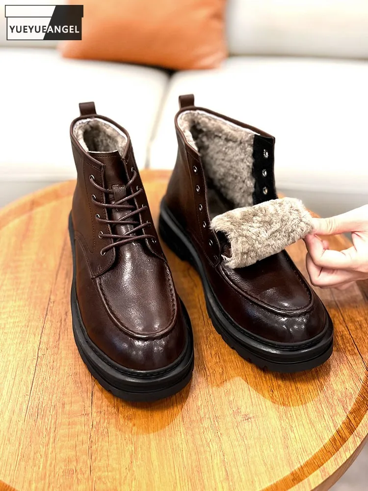 

Зимние мужские классические зимние ботинки на толстой платформе, на шнуровке, деловая рабочая обувь, высокие ботильоны из натуральной воловьей кожи