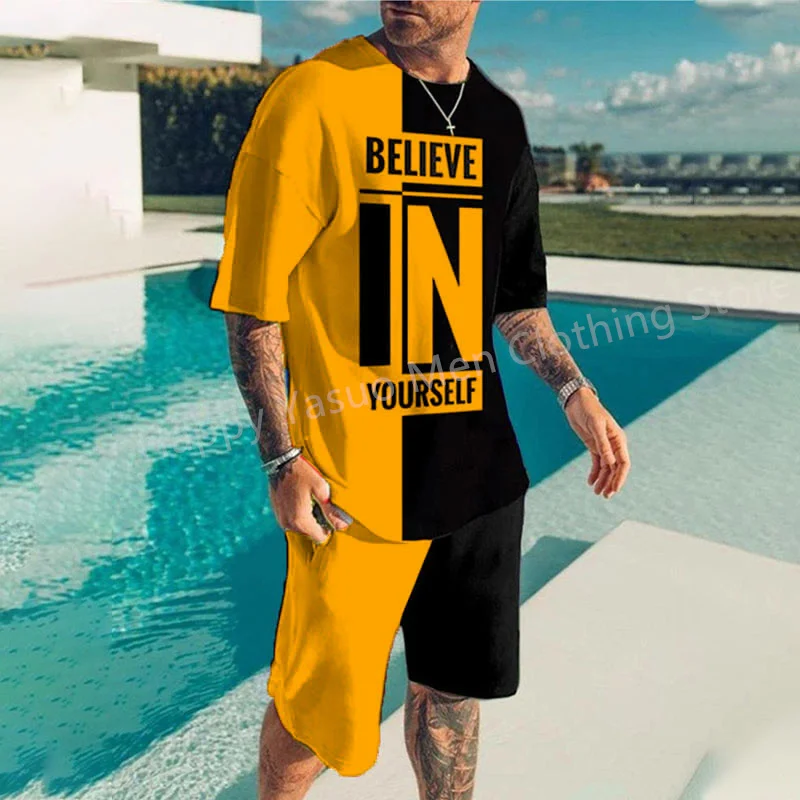 

Спортивный костюм мужской из 2 предметов, футболка и шорты в пляжном стиле ретро, комплект одежды большого размера с 3D принтом, лето