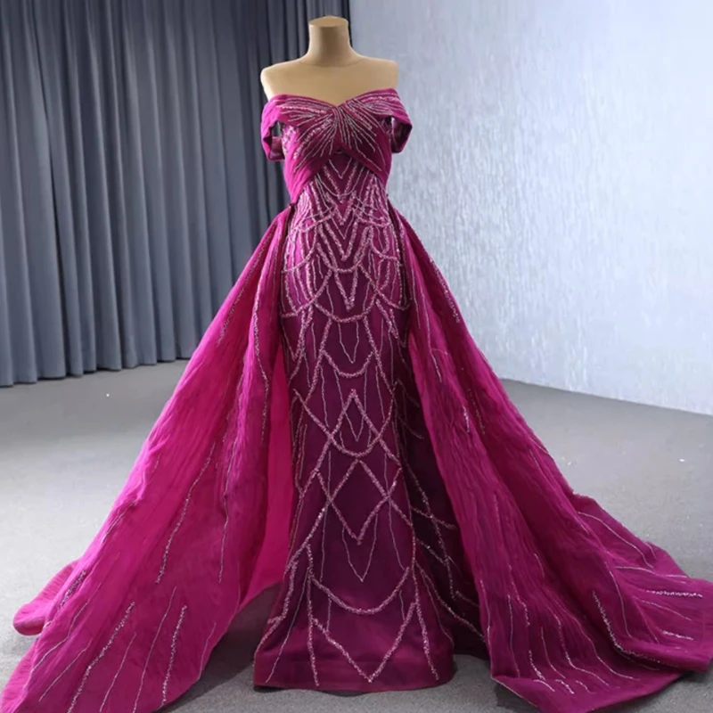 

Luxury Saudi Arabic Fuchsia Women Pageant Dresses With Detachable Train Off Shoulder Long Formal Evening Dress Party Runway Wear