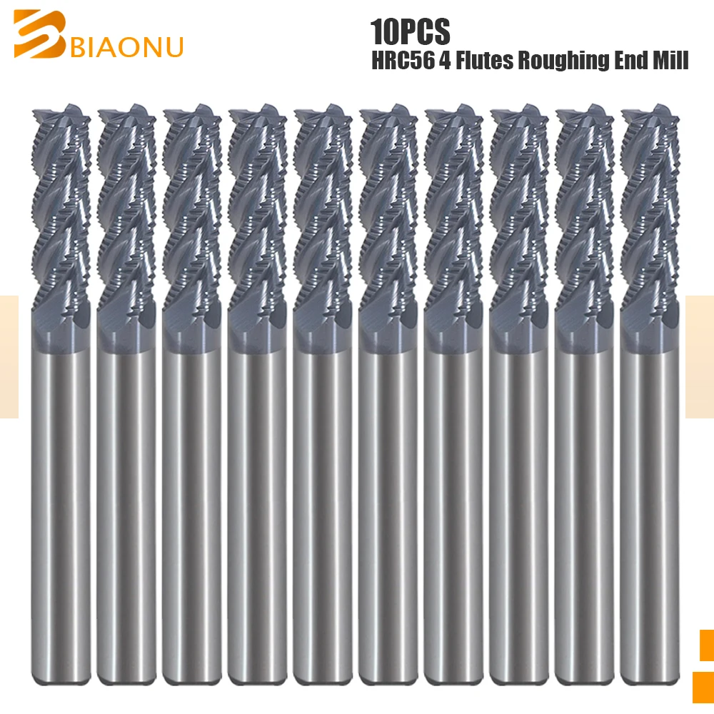 Biaonu HRC56 10Pcs Tungsten Carbide Roughing Milling Cutter D4-D20 CNC Machine Tools 4 Flute End Mill for Metal Router Bits
Biaonu HRC56 10Pcs Tungsten Carbide Roughing Milling Cutter D4-D20 CNC Machine Tools 4 Flute End Mill for Metal Router Bits
