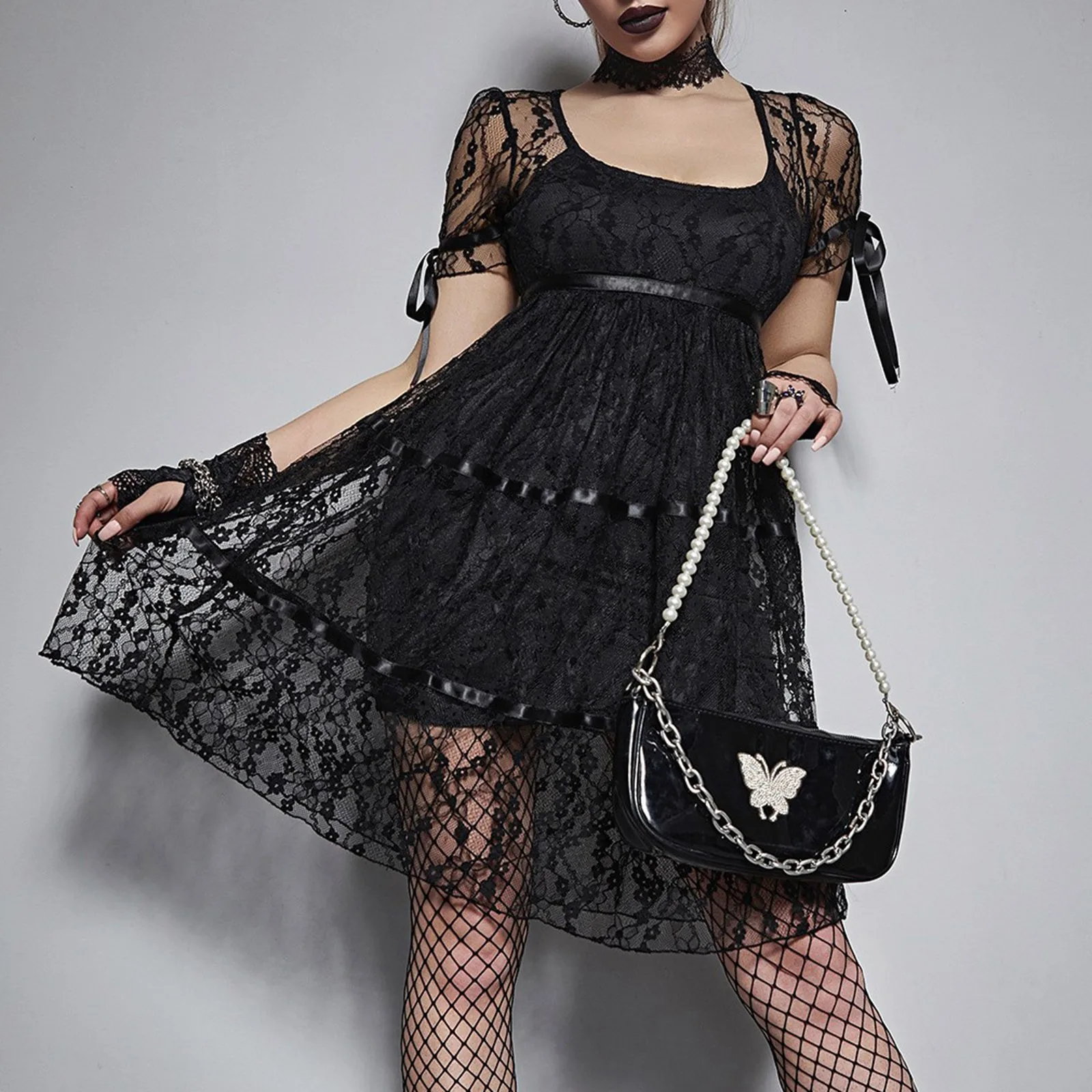 

2023 Women Gothic Punk Vintage Party Dresses Short Sleeve Cross Back Lace Patchwork Black Lace Up Court Corset Swing Dress