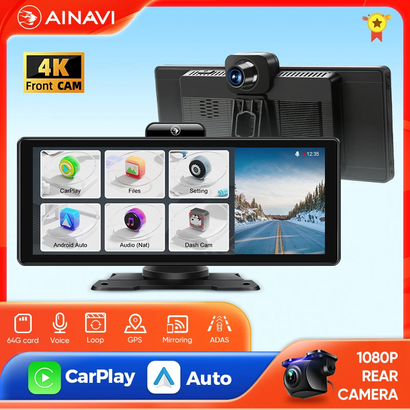 

Ainavi Car DVR Video Dash Cam Rearview Camera Carplay Android Auto Smart Player With Voice Control Car DVR BT FM Mirror Monitor