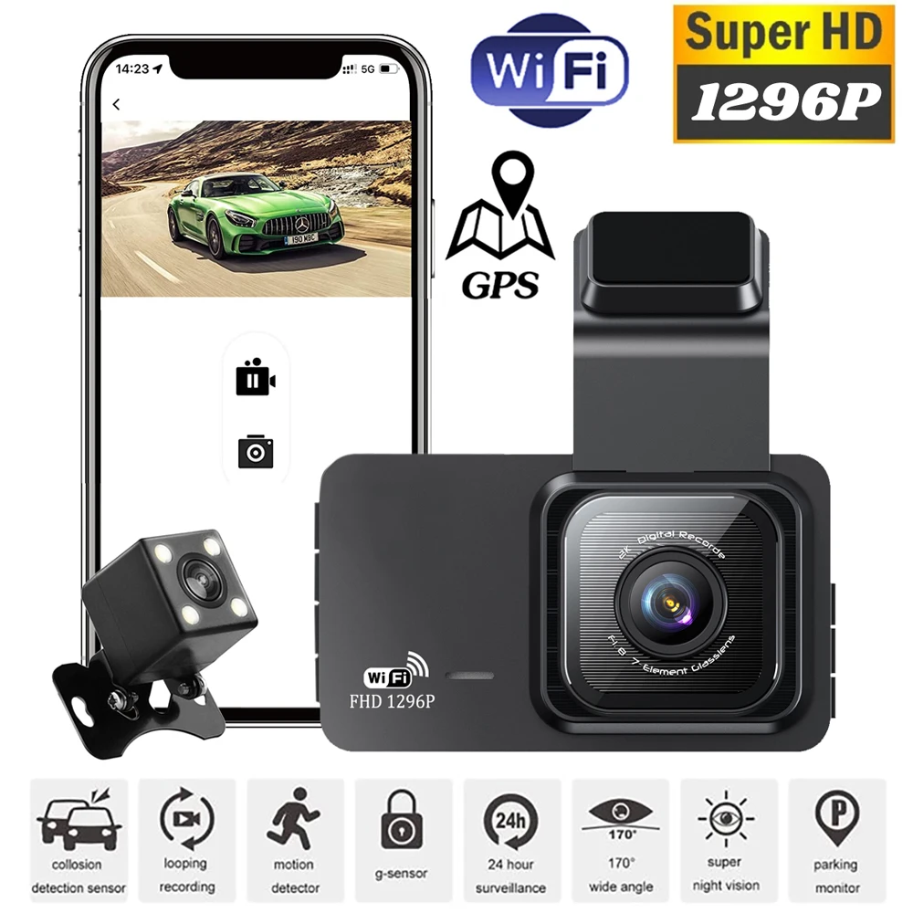 

Car DVR 1296P HD Dash Cam WiFi GPS Drive Video Recorder Auto Registrator Night Vision Black Box Rear View Camera Parking Monitor