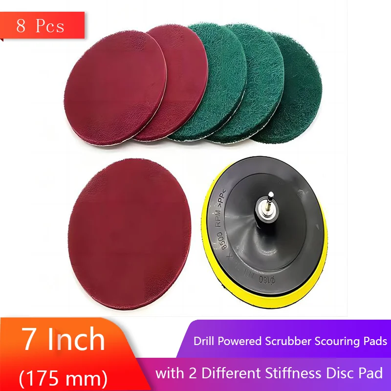 7 Inch Drill Powered Scrubber Scouring Pads 8 Pcs Cleaning Kit with 2 Different Stiffness Disc Pad Holder and 6 Scrubbing Pads
7 Inch Drill Powered Scrubber Scouring Pads 8 Pcs Cleaning Kit with 2 Different Stiffness Disc Pad Holder and 6 Scrubbing Pads