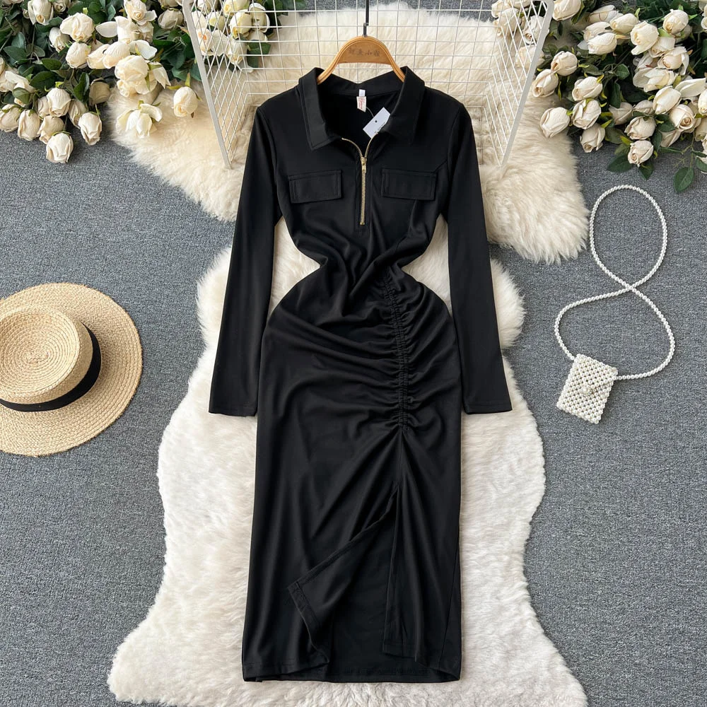 Women Dress Foamlina Zipper up Turn-down Collar Long Sleeve Autumn Dress Slim High Waist Ruched Split Midi Dress Casual Street
Women Dress Foamlina Zipper up Turn-down Collar Long Sleeve Autumn Dress Slim High Waist Ruched Split Midi Dress Casual Street