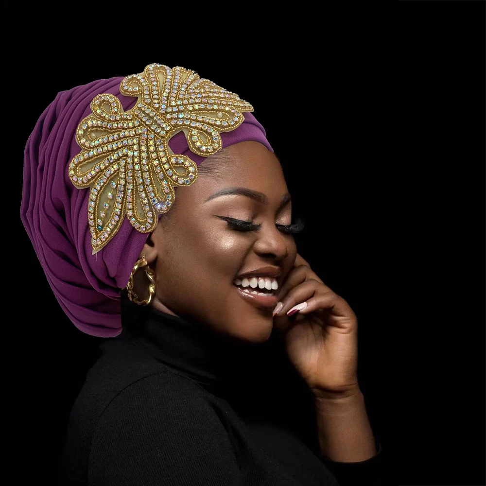 

Full Body Pleated Turban Cap for Women Glitter Diamonds Deco African Female Head Wraps Muslim Headscarf Bonnet Turbante mujer