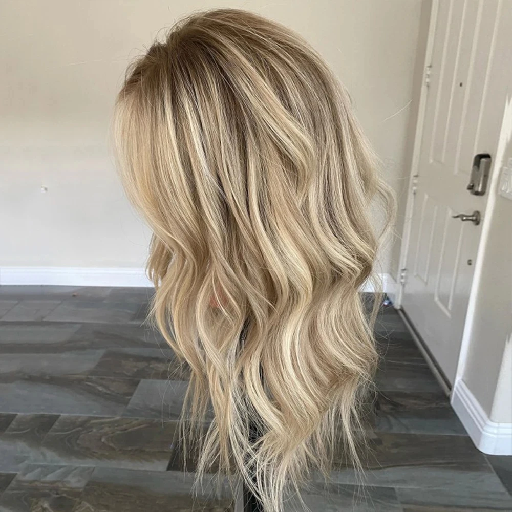 

QW Ash Blonde Highlights Ombre Color Glueless Synthetic Hair Wigs for Women Lace Frontal Wig Roots Loose Wave Wig PrePlucked