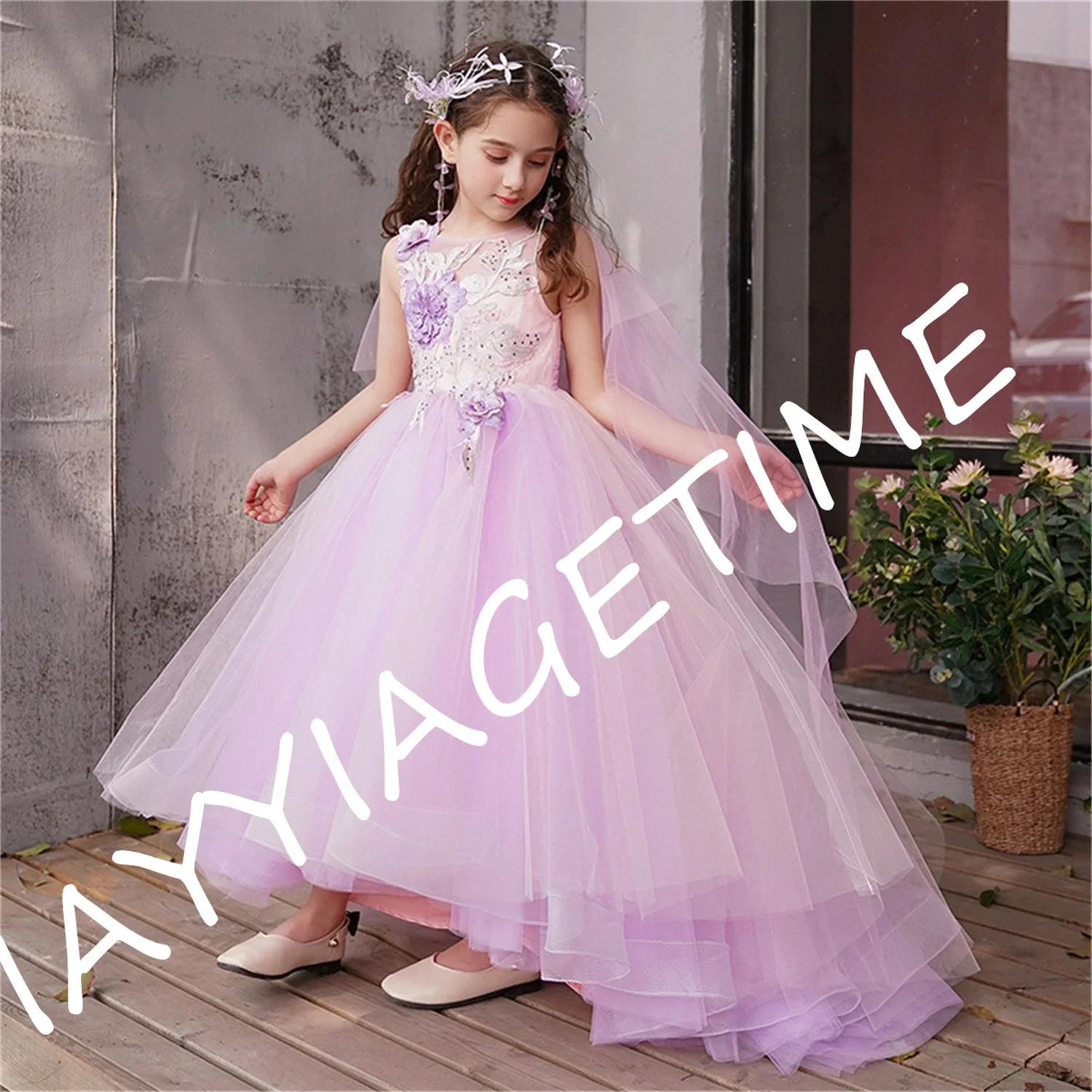 

Purple Fluffy Tulle Sleeveless Applique Flower Girl Dress Wedding Noble Flower Children's First Communion Celebration Kid Dress