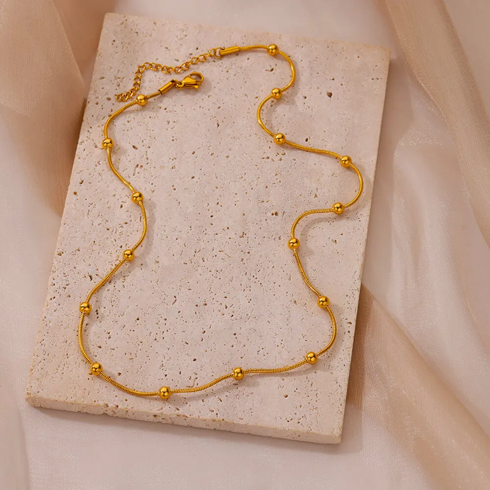 Stainless Steel Beaded Round Snake Chain Necklaces For Women Gold Color Geometric Necklace Luxury Wedding Party Jewelry Gift BFF Stainless Steel Beaded Round Snake Chain Necklaces For Women Gold Color Geometric Necklace Luxury Wedding Party Jewelry Gift BFF