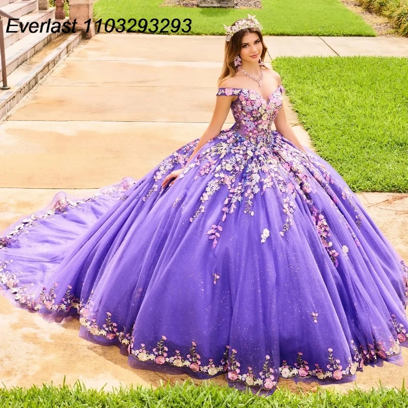 

EVLAST Glitter Purple Quinceanera Dress Ball Gown 3D Colorful Floral Applique Beads With Cape Sweet 16 Vestido 15 De Años TQD265