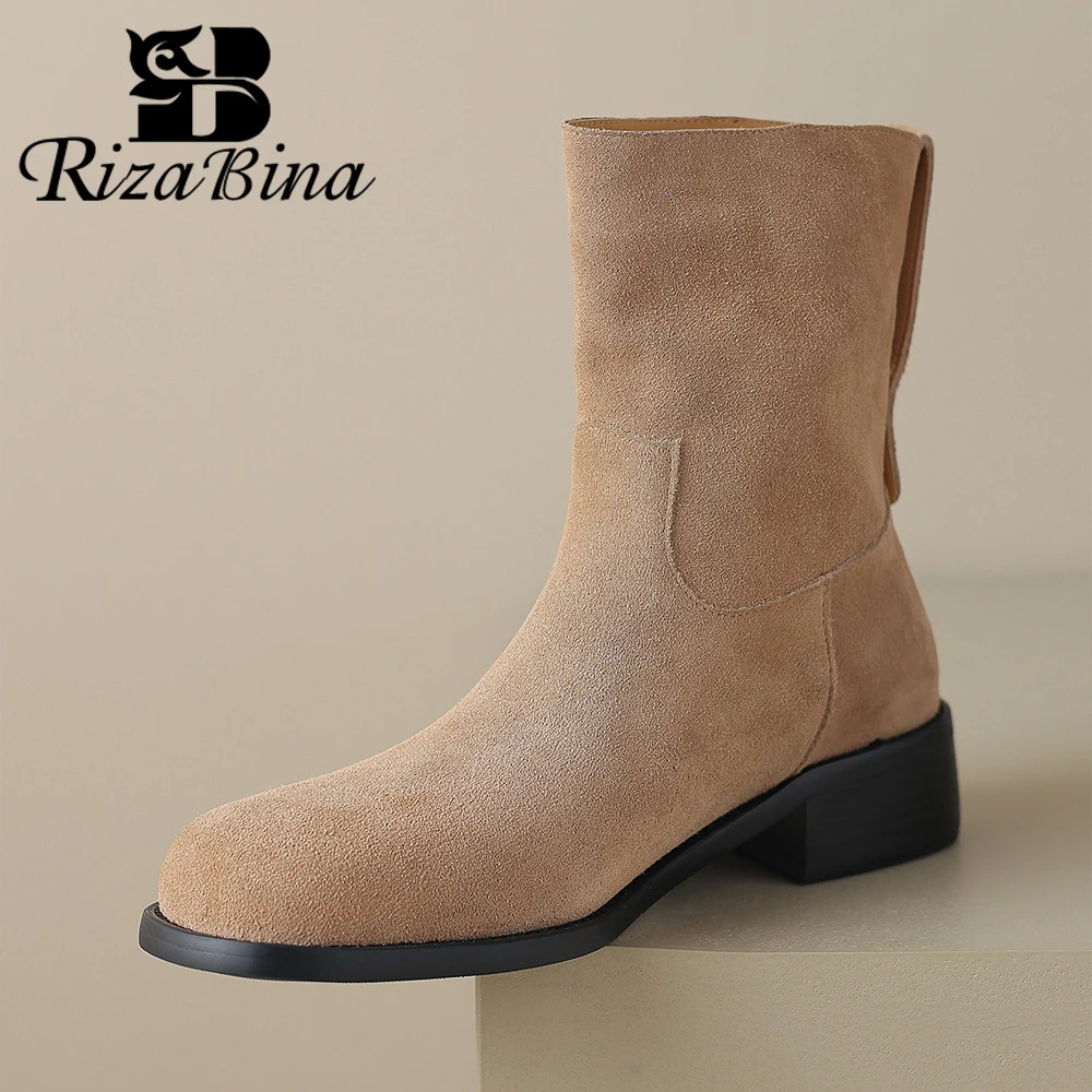 

RIZABINA Women Ankle Boots Cow Suede Vintage Round Toe Chunky Heel Short Boots 2023 Winter New Casual Office Shoes Botas Mujer