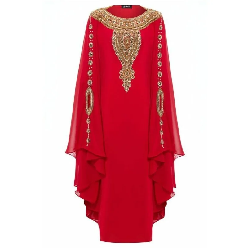 Moroccan Kaftan Robe Red Georgette Kaftan Round Neck Long Sleeve Luxury Beaded Zircon Decoration
Moroccan Kaftan Robe Red Georgette Kaftan Round Neck Long Sleeve Luxury Beaded Zircon Decoration