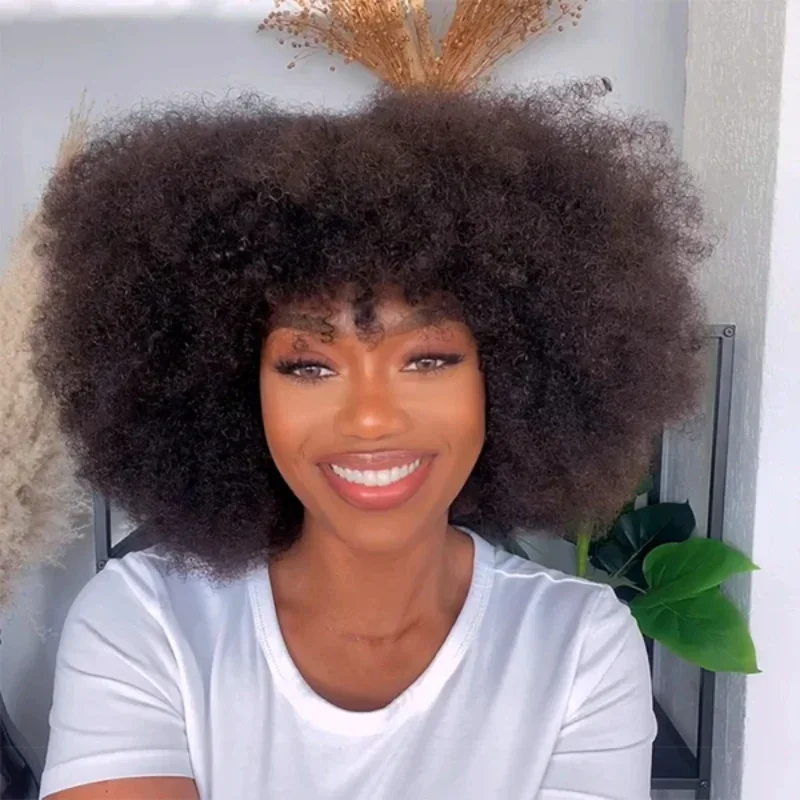 

Fluffy Afro Kinky Curly Human Hair Wig With Thick Bangs Natural Short Bob Wigs For Black Women 180% Density Full Machine Hair