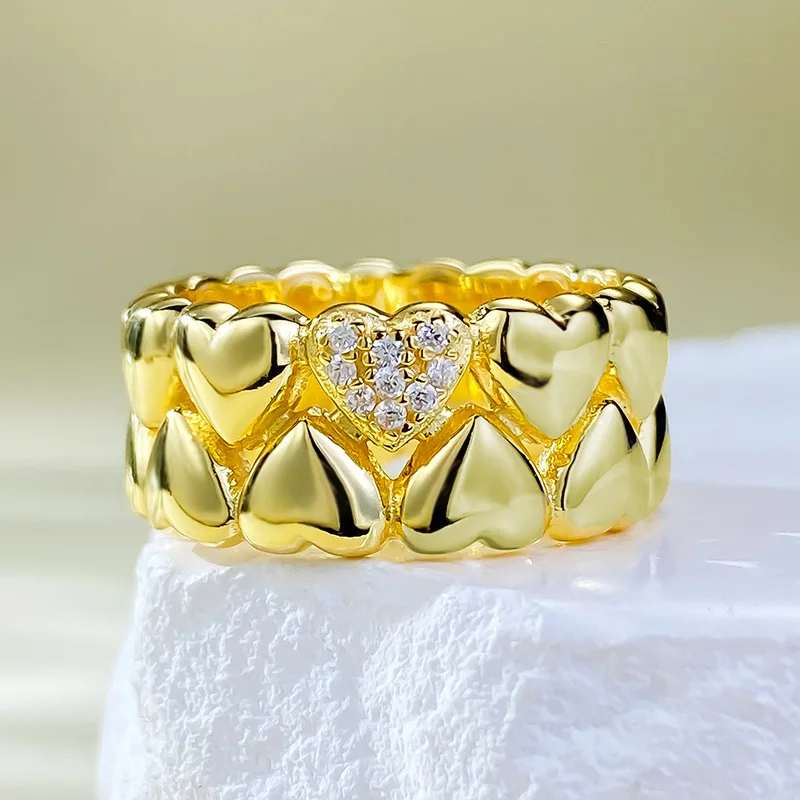 

925 silver gold-plated live broadcast high-end diamond inlaid double-layer love ring, niche heart shaped set ring