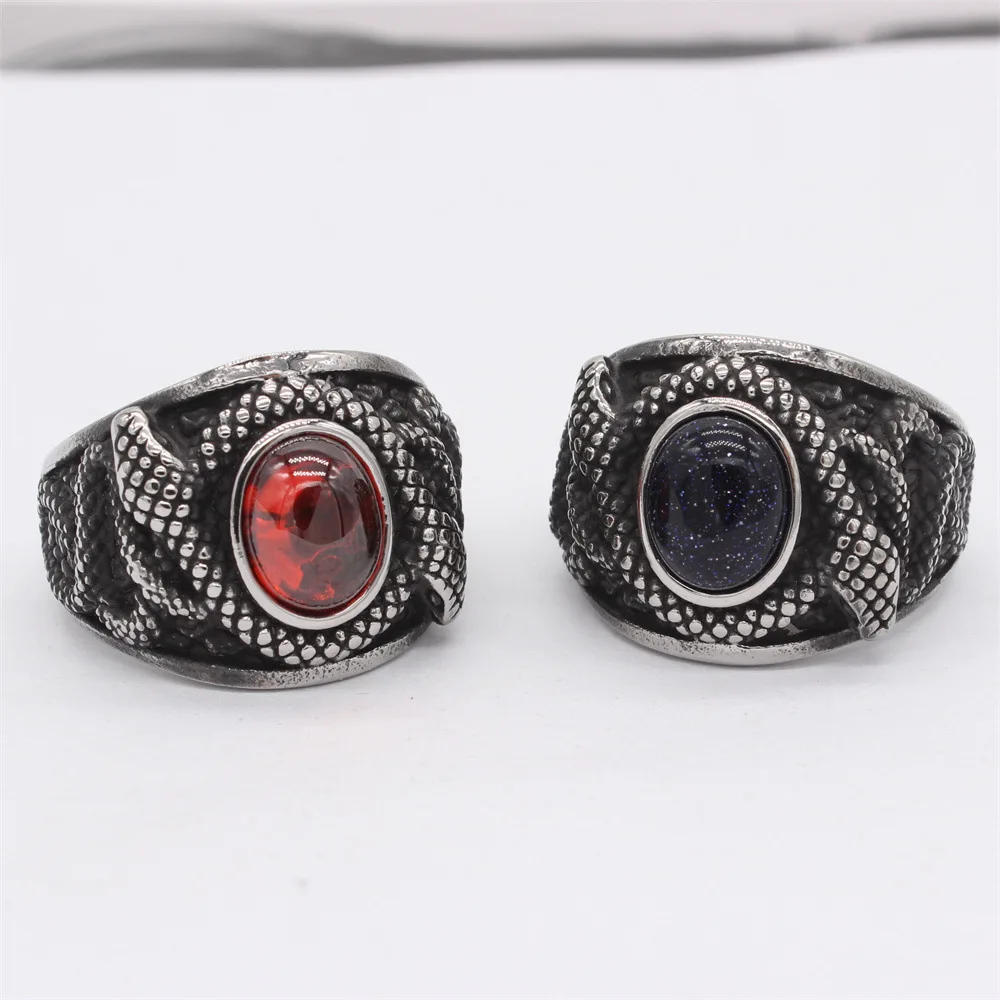 

European and American Popular Personalized Vintage Double Snake Gem Men's Stainless Steel Rings Size 7-12
