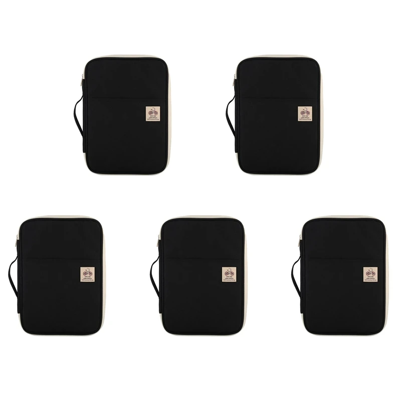 

5X A4 Document Storage Bag Waterproof Oxford Cloth Multifunctional Business Bag File Folder Stationery Zipper (Black)