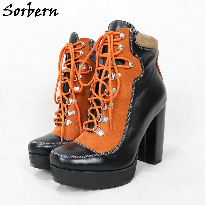 

Sorbern Unisex Style Sneakers High Heel Winter Boots Women Block Heeled Ankle Boots Short Booties Fetish Lace Up Chunky Heels