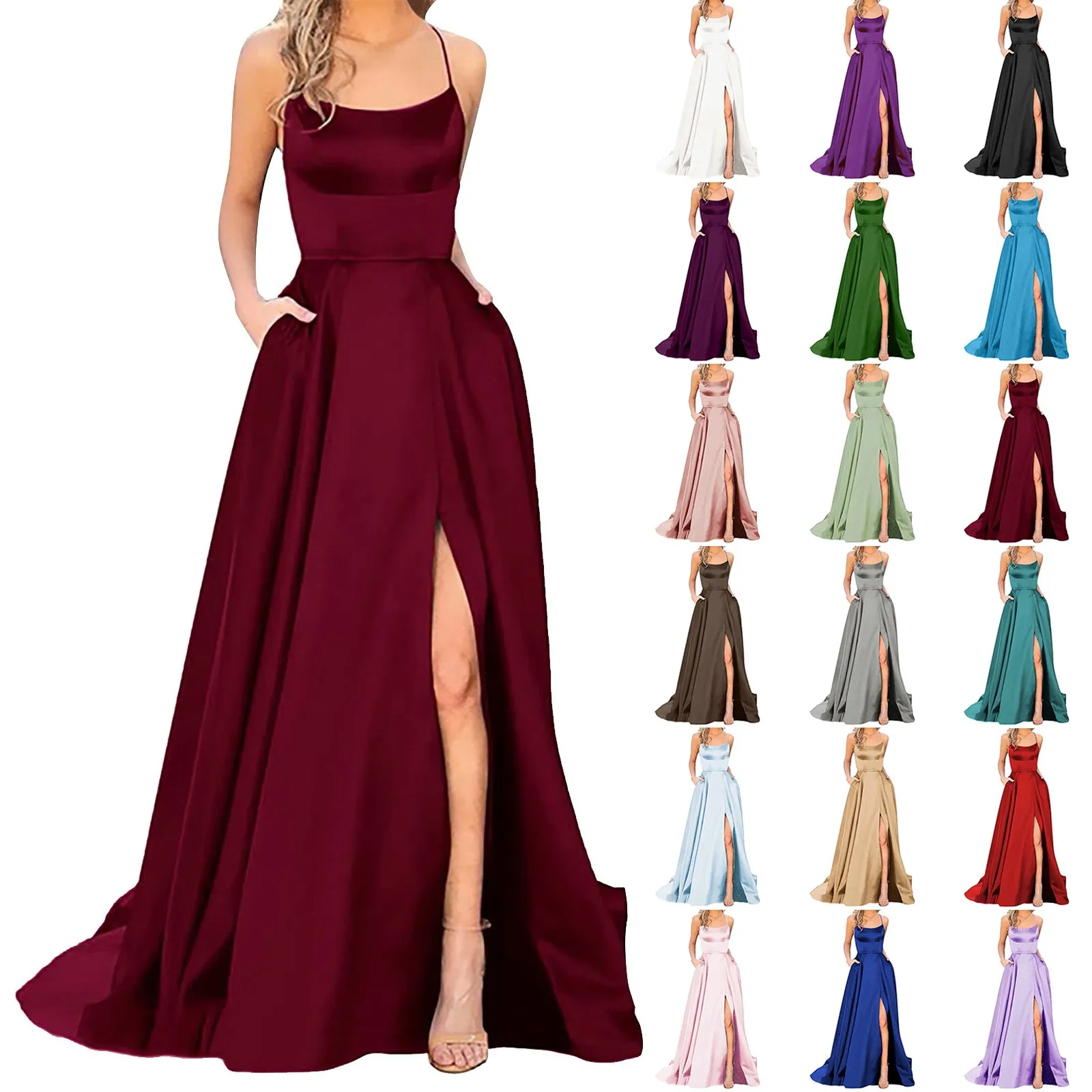 

2024 Fashion Sexy Ladies Long Dresses Women Vintage Party Backless Side Slit Prom Dresses Elegant Spaghetti Strap Wedding Gowns
