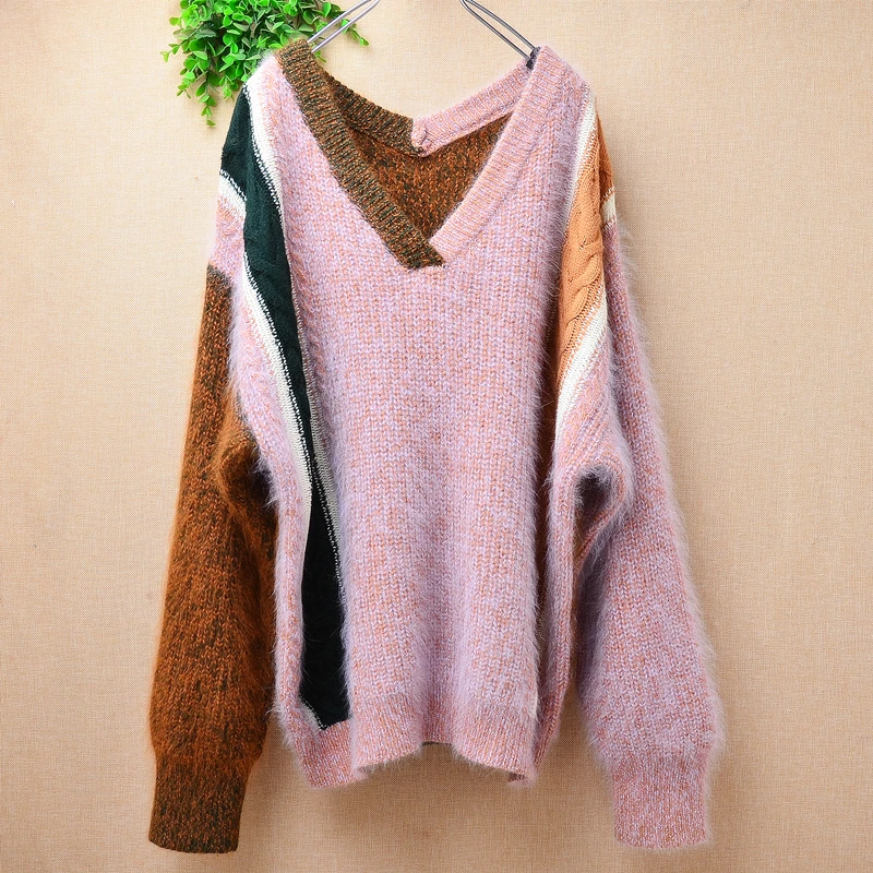 

Ladies Women Fall Winter Clothing Colored Hairy Angora Rabbit Hair Knitted Long Sleeves V-Neck Loose Pullover Jumper Sweater Top