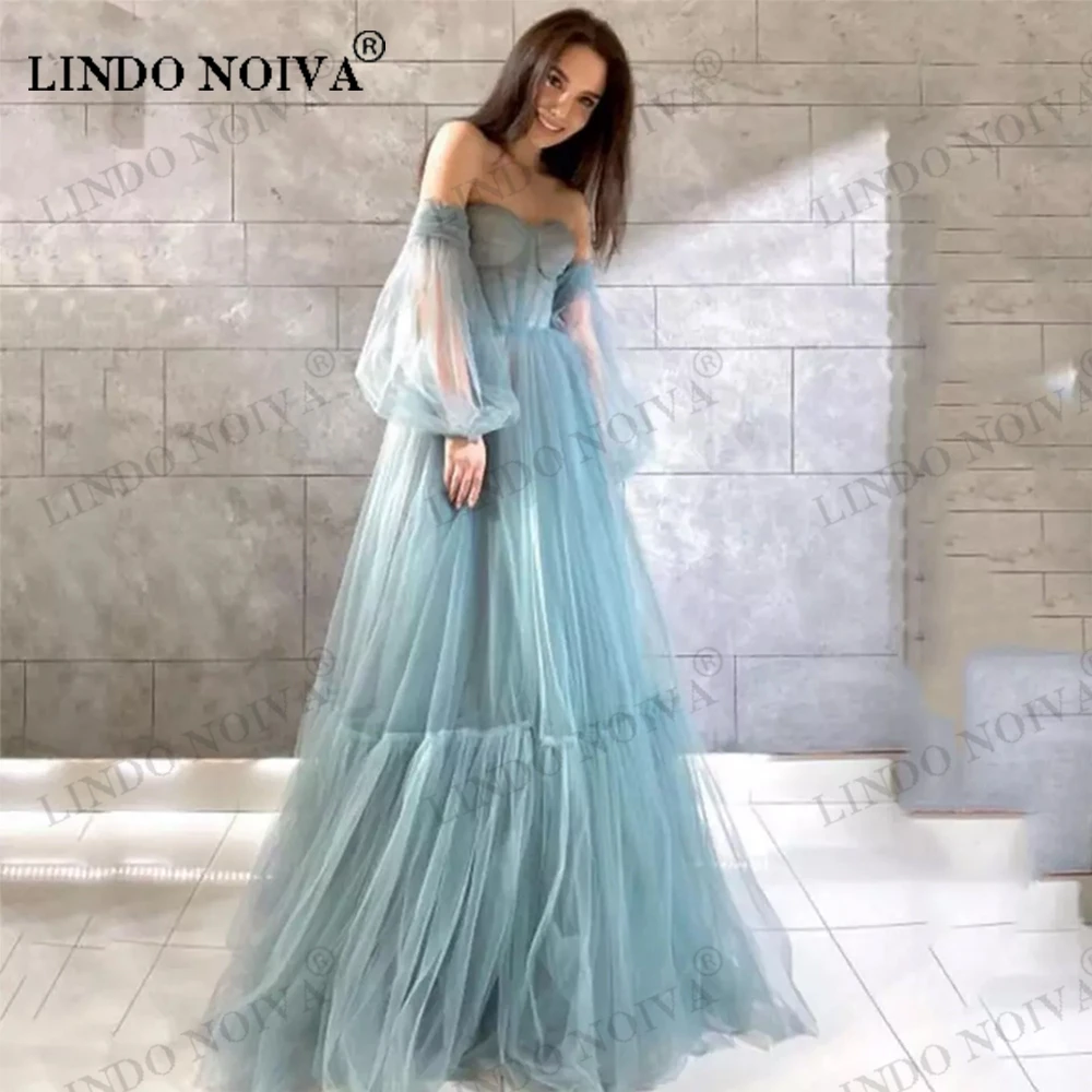 

LINDO NOIVA Elegant Tulle Prom Dress Pleats Off The Shoulder Long Puff Sleeve Homecoming Party Gown Graduation Custom Made