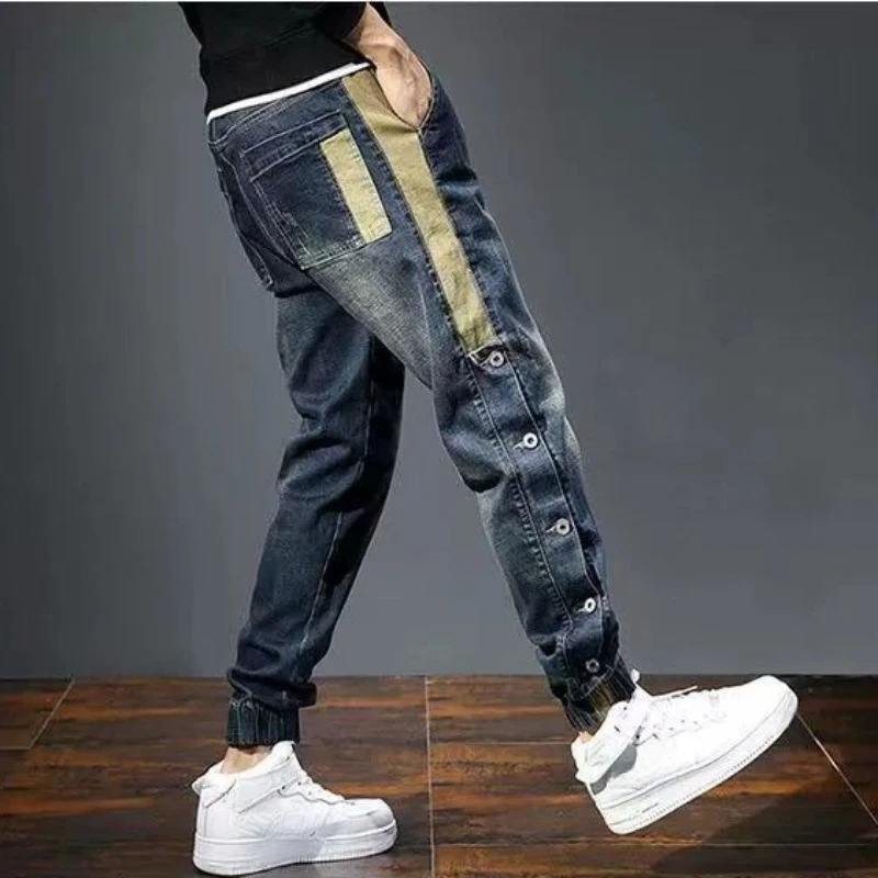 

Male Cowboy Pants Cropped Jeans for Men Stretch Trousers Slim Fit Buttoned Elastic Skinny Tight Pipe Denim 2024 Korean Autumn Xs
