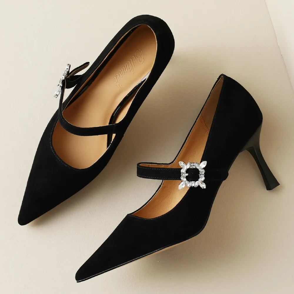 Women's natural suede leather thin high heel pointed toe mary jane pumps elegant ladies crystla buckle female evening dress shoe
Women's natural suede leather thin high heel pointed toe mary jane pumps elegant ladies crystla buckle female evening dress shoe