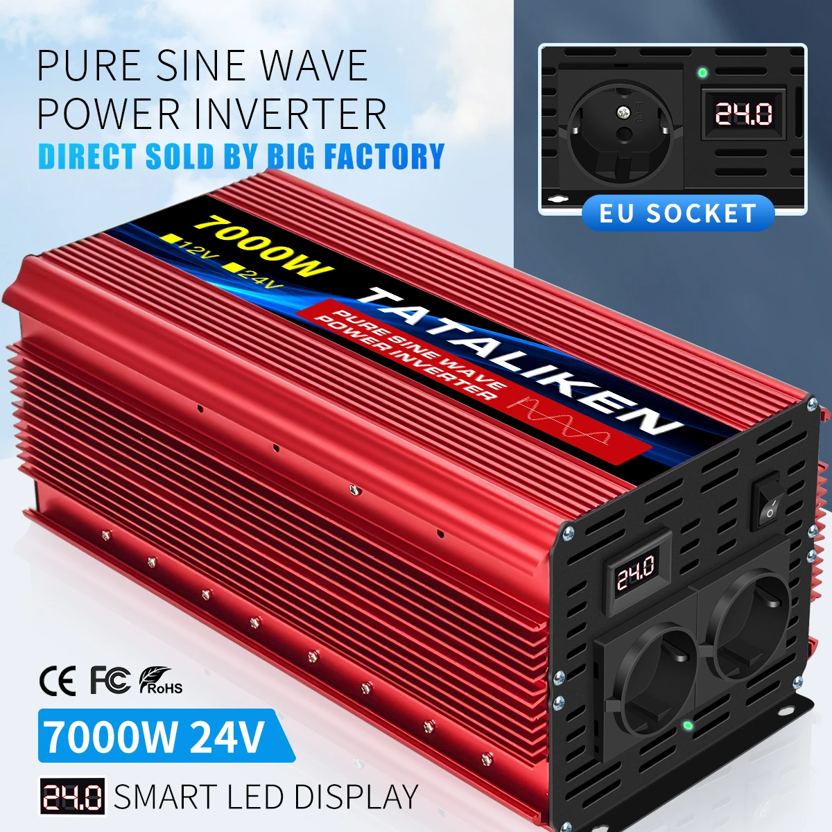 

Pure sine wave 8000/7000/6000/5000 inverter DC 12V 24V to AC 220V voltage EU socket 50Hz power converter